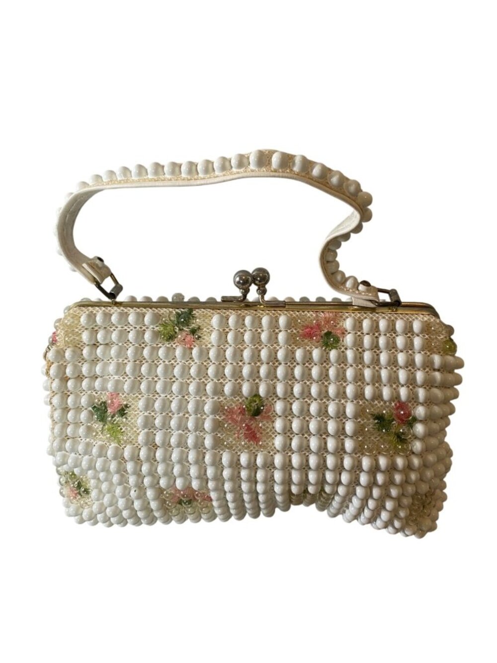 Vintage White Beaded Handbag With Floral Accents & Kiss Lock Closure